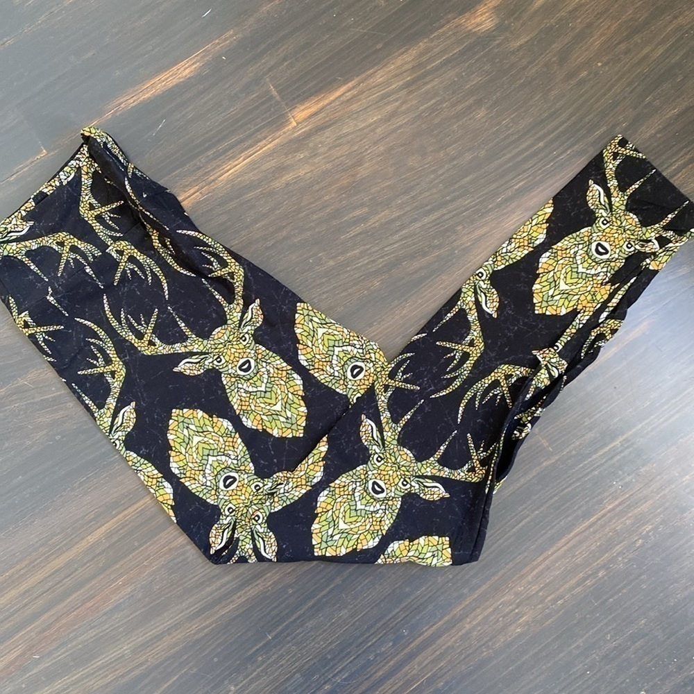 Lularoe TC Fan Fave Unicorn Single Print Mosaic Deer Heads Black Green NWT